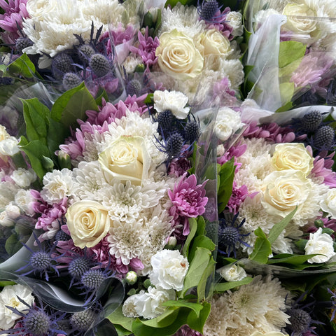 White, Pink & Blue Thistle Bouquet